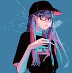  1girl black-framed_eyewear black_headwear black_shirt blue_background blue_hair blue_nails cigarette earrings hat highres jewelry long_hair open_mouth original purple_eyes richard_(ri39p) shirt short_sleeves simple_background smoking upper_body 