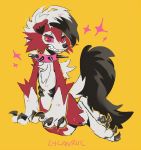  2016 ambiguous_gender anthro black_claws canid canine cheek_tuft claws collar english_text facial_tuft fluffy fluffy_tail fur hair half-closed_eyes lycanroc mammal midnight_lycanroc murkbone narrowed_eyes nintendo pok&eacute;mon pok&eacute;mon_(species) red_body red_eyes red_fur red_sclera sharp_teeth simple_background sitting spiked_collar spikes teeth text toe_claws tuft video_games white_body white_fur white_hair yellow_background 