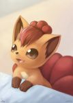  ambiguous_gender bed feral furniture hi_res leaning looking_up multi_tail nintendo open_mouth paws pok&eacute;mon pok&eacute;mon_(species) smile solo video_games vulpix りゅま 