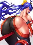  1girl ass bangs bare_shoulders blazblue blue_hair blush bow breasts cameltoe from_behind gloves hair_between_eyes hair_bow highres large_breasts long_hair mai_natsume pink_eyes polearm ponytail shiboru solo sweat very_long_hair weapon yellow_bow 