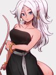  1girl alternate_costume alternate_hairstyle android_21 bare_shoulders black_dress blue_eyes bracelet breasts cleavage closed_mouth collarbone dragon_ball dragon_ball_fighterz dress earrings grey_background hair_between_eyes hoop_earrings jewelry kemachiku long_hair looking_at_viewer majin_android_21 pink_skin pointy_ears ponytail ring simple_background solo tail white_hair 