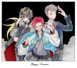  3boys aimono_juushi amaguni_hitoya hair_over_one_eye hand_on_own_face harai_kuuko hypnosis_mic jacket letterman_jacket long_hair male_focus multicolored_hair multiple_boys necktie red_hair red_neckwear two-tone_hair two-tone_jacket 