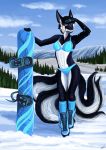  absurd_res alexandradane anthro blue_eyes canid canine female fox fox_tail hi_res mammal mountain multi_tail robotic_arm snowboard 