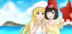  2girls bangs beanie braid cloud collarbone day dress eyebrows_visible_through_hair floral_print gen_4_pokemon green_eyes grey_eyes hat holding lillie_(pokemon) mizuki_(pokemon) multiple_girls one_eye_closed open_mouth outdoors pandagirlz pokemon pokemon_(creature) pokemon_(game) pokemon_sm pose red_headwear rotom rotom_dex self_shot shiny shiny_hair shirt short_sleeves sky sun_hat teeth tongue twin_braids upper_teeth v water white_dress white_headwear 