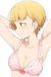  1girl armpits arms_behind_head arms_up bangs bare_arms bare_shoulders blonde_hair blunt_bangs bow bow_bra bra breasts brown_eyes cleavage closed_mouth collarbone commentary_request earrings eyebrows_visible_through_hair face floral_print frilled_bra frills fukuda_noriko highres hiroki_(yyqw7151) idolmaster idolmaster_million_live! jewelry lace lace-trimmed_bra light_blush looking_away looking_to_the_side medium_breasts pink_bow pink_bra print_bra short_hair simple_background smile solo strap_pull underwear underwear_only upper_body white_background 