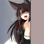  1girl akagi_(azur_lane) akakiryu2m animal_ears azur_lane black_kimono blush breasts brown_hair eyeliner eyeshadow fang fox_ears fox_girl japanese_clothes jealous kimono kyuubi large_breasts long_hair looking_at_viewer makeup multiple_tails open_mouth peeking peeking_out red_eyes shaded_face smile solo tail yandere 