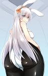  1girl absurdres alternate_costume anastasia_(fate/grand_order) animal_ears ass black_legwear blue_eyes breasts bunny_ears bunny_girl bunnysuit fake_animal_ears fate/grand_order fate_(series) fishnets from_behind from_below highleg highleg_leotard highres indoors katsuobushi_(eba_games) large_breasts leotard long_hair pantyhose silver_hair solo strapless strapless_leotard white_leotard 