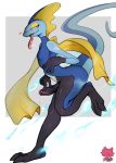  anthro balls blue_body bodily_fluids darkluxia erection genital_fluids genitals hi_res humanoid_genitalia humanoid_penis inteleon lizard male nintendo penis pok&eacute;mon pok&eacute;mon_(species) reptile scalie simple_background solo tongue video_games 