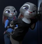  2020 3d_(artwork) against_wall anthro being_arrested being_handcuffed blue_background claws clothing digital_media_(artwork) disney duo ears_down eyebrows eyelashes female female/female fingers fur grey_body grey_fur half-closed_eyes hand_grab handcuffs handwear hi_res judy_hopps lagomorph leporid long_ears looking_at_viewer mammal melo multicolored_body multicolored_ears multicolored_fur narrowed_eyes pink_nose pivoted_ears police_uniform purple_eyes rabbit shackles short_tail simple_background smile square_crossover standing topwear uniform white_body white_fur zootopia 