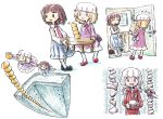  3girls apartment bag door ebisu_eika floating food food_stack fruit hat jacket levitation mandarin_orange maribel_hearn microphone mob_cap multiple_girls pants paper_bag rock_stack slippers stack table touhou track_jacket track_pants track_suit usami_renko 