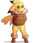  2019 anthro bottomless clothed clothing coat dipstick_ears evenytron featureless_crotch female footwear hi_res multicolored_ears nintendo pikachu pok&eacute;mon pok&eacute;mon_(species) simple_background solo topwear video_games yellow_body 