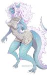  anthro blue_body breasts butt claws fan_character fangs female hair hi_res horn kaiju nipple_outline nipples open_mouth purple_eyes simple_background solo tongue vipery-07 white_background white_hair 