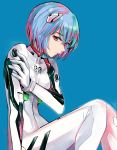  1girl absurdres ayanami_rei blue_background blue_hair bodysuit breasts brown_eyes gloves hand_on_own_arm hand_up highres looking_at_viewer neon_genesis_evangelion plugsuit richard_(ri39p) short_hair simple_background sitting small_breasts solo white_bodysuit white_gloves 