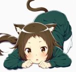  1girl all_fours animal_ears bangs blush brown_eyes brown_hair cat_ears cat_tail commentary_request dress fang green_dress highres jabittoson long_hair long_sleeves looking_at_viewer mikakunin_de_shinkoukei mitsumine_mashiro open_mouth pantyhose ponytail simple_background solo tail white_background white_legwear 