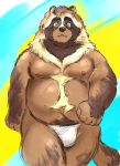  2020 anthro belly brown_body brown_fur bulge canid canine clothing fur hi_res kemono male mammal moobs nipples nore0825 overweight overweight_anthro overweight_male raccoon_dog solo tanuki underwear 