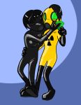  black_body black_hair boots clothing drone duo embrace female footwear gloves_(marking) green_eyes hair hand_holding hand_on_cheek happy hi_res hug immelmann male markings name_tag not_furry radiation_symbol romantic_couple rubber toony unknown_species yellow_body 