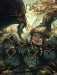  1girl :d absurdres beak bird chick dullahan english_commentary feathers fingerless_gloves fish gloves highres looking_at_another nest open_mouth original porforever red_eyes red_hair short_twintails sitting smile sword tree twintails weapon 