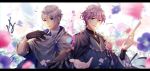  2boys ahoge black_gloves blue_eyes blurry cloak collared_shirt depth_of_field flower gloves highres japanese_clothes kasen_kanesada male_focus multiple_boys outstretched_hand petals purple_hair rei_(usabiba) shirt silver_hair smile touken_ranbu yamanbagiri_chougi 