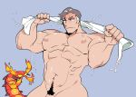  1boy bright_pupils centiskorch gen_8_pokemon grey_background kabu_(pokemon) looking_at_viewer male_focus male_pubic_hair muscle navel nipples nude pectorals pokemon pokemon_(creature) pokemon_(game) pokemon_swsh pubic_hair saturday_(hokawazu) simple_background solo towel upper_body wet_towel 