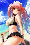  1girl bangs bare_shoulders beach bikini black_skirt blue_sky blush breasts cleavage dousunnen fate/grand_order fate_(series) highres light_rays long_hair looking_at_viewer medb_(fate)_(all) medb_(swimsuit_saber)_(fate) medium_breasts microskirt ocean parted_lips pink_hair shore skirt sky smile sunlight swimsuit tiara twintails white_bikini yellow_eyes 