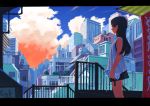  1girl bare_shoulders black_hair blue_sky bottle city cloud commentary_request highres long_hair original sky solo tank_top window1228 