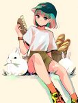  1girl absurdres baguette baseball_cap black_headwear blue_nails bob_cut bread brown_shorts bunny cup disposable_cup drinking_straw food grass green_hair hat highres mouth_hold original richard_(ri39p) shirt shoes short_hair short_sleeves shorts simple_background sitting smile sneakers watch white_shirt wristwatch 