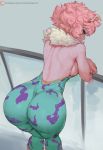  1girl antennae ashido_mina ass bare_back bare_shoulders black_sclera boku_no_hero_academia breasts commentary curly_hair cutesexyrobutts dress from_behind highres huge_ass large_breasts light_smile looking_at_viewer pink_hair railing short_hair sideboob skin_tight smile solo yellow_eyes 