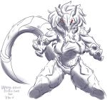  anthro bodily_fluids breasts claws clothed clothing dragon female hair hi_res horn machine mask robot simple_background solo sweat vipery-07 white_background 