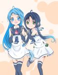  2girls aoi_mimi bangs blue_eyes blue_hair blue_legwear blue_ribbon blue_sailor_collar blush box commentary_request elbow_gloves eyebrows_visible_through_hair gloves gradient_hair green_eyes hair_ribbon heart-shaped_box highres kantai_collection long_hair looking_at_viewer low_twintails multicolored_hair multiple_girls open_mouth ribbon sailor_collar samidare_(kantai_collection) shirt skirt smile suzukaze_(kantai_collection) thighhighs twintails two-tone_background valentine very_long_hair white_shirt white_skirt zettai_ryouiki 