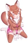  1girl animal_ears artist_request blush breasts brown_hair closed_eyes eyebrows_visible_through_hair fang fur_collar fur_trim gloves gradient gradient_legwear happy highres japanese_wolf_(kemono_friends) kemono_friends large_breasts multicolored_hair open_mouth simple_background sitting skin_fang solo tail two-tone_hair wariza white_background white_gloves white_hair wolf_ears wolf_girl wolf_tail 
