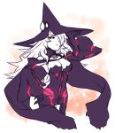  1girl bare_shoulders black_sclera blazblue breasts cleavage hair_over_one_eye hat hourglass_figure konoe_a_mercury phantom_(blazblue) witch_hat yellow_eyes 