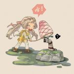  1girl ? afternoon_shine_(infinity_nikki) animal_print bangs_pinned_back blonde_hair bow bright_pupils brown_background brown_footwear bug butterfly_net butterfly_print catching chibi chinese_commentary chinese_text commentary_request cross-laced_footwear daisy dress_shoes floating_clothes floating_hair flower frilled_headwear frustrated green_bow green_sweater grey_thighhighs hair_bow hair_flower hair_ornament hairclip hand_net hat hat_bow hat_on_back holding holding_butterfly_net infinity_nikki long_hair looking_at_animal moss nikki_(nikki) nikki_(series) overalls pink_bow puffy_sleeves rock shilizhangting149 simple_background socko_(infinity_nikki) solo speech_bubble spoken_question_mark sweater thighhighs translation_request turtleneck turtleneck_sweater twintails very_long_hair white_flower white_pupils wide-eyed yellow_bow yellow_eyes yellow_hat yellow_overalls 