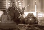 1_horn anthro asian_clothing asian_mythology beads big_breasts blush bowl breasts canid canine cleavage clothed clothing container curled_hair curvy_female curvy_figure cute_fangs duo east_asian_clothing east_asian_mythology eating eyes_closed fangs female foo_dog food full_mouth hair hair_bun hi_res holding_bowl holding_container holding_ladle holding_object horn huge_breasts inner_ear_fluff itzjaylock japanese_clothing japanese_food japanese_mythology jewelry kimono komainu long_hair magatama mammal meat meat_on_bone mythology necklace open_mouth plate pocha_(itzjaylock) raccoon_dog restaurant smile steam tanuki teeth thick_thighs tuft voluptuous_female wide_hips yokai
