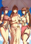  3girls absurdres bikini blue_sky breasts brown_hair casual_one-piece_swimsuit cherry_blossoms clothing_cutout day flower hair_between_eyes hair_flower hair_intakes hair_ornament headgear highres holding holding_umbrella huge_breasts kantai_collection large_breasts long_hair mrdotd multiple_girls multiple_persona navel navel_cutout official_alternate_costume one-piece_swimsuit one_eye_closed outdoors ponytail purple_eyes purple_hair ramune red_sarong sarong sidelocks sky standing swimsuit umbrella very_long_hair white_bikini white_sarong white_umbrella yamato_(anime_swimsuit)_(kancolle) yamato_(kancolle) yamato_(swimsuit_mode)_(kancolle) yamato_kai_ni_(kancolle) yamato_kai_ni_(swimsuit_mode)_(kancolle) 