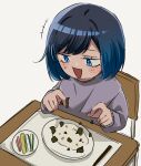  1girl ado_(utaite) aged_down blue_eyes blue_hair blush chair chando_(ado) child commentary food grey_sweater hashtag-only_commentary highres keeko_(kk_0012) mole mole_under_eye open_mouth playing_with_food short_hair simple_background solo sweater table utaite white_background 