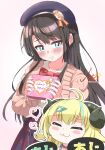  2girls :3 absurdres ahoge animal_ears aqua_eyes beret black_skirt blonde_hair blue_hair blue_hat brown_hair closed_mouth gift hair_ornament hairpin hat highres hishaku_(hkthsk527) holding holding_gift hololive horns long_hair looking_at_viewer meme_attire multicolored_hair multiple_girls official_alternate_costume official_alternate_hair_length official_alternate_hairstyle oozora_subaru oozora_subaru_(casual) pink_sweater sheep_ears sheep_girl sheep_horns skirt smile streaked_hair sweater tsunomaki_watame virgin_killer_sweater virtual_youtuber 