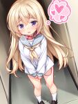  1girl :o animal_collar ankle_socks blonde_hair blue_sailor_collar blush bow bowtie breasts brown_footwear clothes_pull collar dot_nose double-parted_bangs dutch_angle hallway heavy_breathing highres image_in_thought_bubble indoors large_breasts long_hair looking_at_viewer open_mouth original purple_eyes pussy_juice red_collar sailor_collar school_uniform sekine_irie serafuku sex_toy shoes sidelocks socks solo speech_bubble thought_bubble trembling vibrator vibrator_cord vibrator_under_clothes white_socks yellow_bow yellow_bowtie 