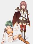  2girls belt bikini bikini_top_only black_belt black_necktie black_socks blazer blue_eyes blush boots breasts brown_cape brown_skirt cape closed_mouth collared_shirt commentary_request cross-laced_footwear expressionless full_body genetic_(ragnarok_online) glasses green_hair high_heel_boots high_heels jacket jumpsuit long_hair long_sleeves looking_at_viewer mechanic_(ragnarok_online) medium_breasts miniskirt multiple_girls necktie official_alternate_costume open_jumpsuit ragnarok_online red-framed_eyewear red_shirt red_thighhighs salute shirt short_hair simple_background sitting skirt socks standing swimsuit thighhighs white_background white_footwear white_jacket white_jumpsuit yellow_bikini yukizaki_(snowy_cape) 
