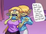20pesos_sopa angry arm_around_neck blonde_hair breasts cleavage clothed clothing curtains duo ears_down ears_up empty_eyes english_text fangs female goblin green_body green_skin hair hi_res humanoid humanoid_pointy_ears inside lara_(20pesos_sopa) lira_(20pesos_sopa) long_hair medium_breasts not_furry open_mouth pivoted_ears pointy_ears purple_clothing purple_shirt purple_tongue purple_topwear shirt short_hair sibling_(lore) sister_(lore) sisters_(lore) standing sweater teeth text tongue topwear twins_(lore)
