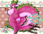  absurd_res advertisement anthro beverage big_breasts big_butt big_tail bodily_fluids breasts butt dessert digital_media_(artwork) dragon dripping_pussy dripping_wet elemental_creature english_text female flora_fauna food food_creature fruit genital_fluids genitals hi_res holding_beverage holding_object horn living_fruit looking_at_viewer mythological_creature mythological_scalie mythology nipples nude open_mouth plant pussy scalie simple_background smile smolreapy solo tail text thick_thighs tree vaginal_fluids 