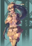  1girl absurdres belt black_belt black_hair black_sailor_collar black_skirt black_thighhighs breasts brown_eyes garter_straps gloves hair_between_eyes highres kantai_collection large_breasts long_hair looking_to_the_side mrdotd neckerchief neckerchief_between_breasts orange_neckerchief pleated_skirt ponytail sailor_collar school_uniform serafuku single_garter_strap single_thighhigh skirt solo thighhighs white_gloves yahagi_(kancolle) yahagi_kai_ni_(kancolle) 
