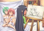  blood blush easel flat_chest iwasaki_minami kobayakawa_yutaka lucky_star multiple_girls nosebleed painting speh tamura_hiyori yuri 