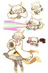  &gt;_&lt; 1girl :d android arm_cannon brown_pantyhose cheese_(chisi64726930) cookie_run cookie_run:_kingdom dress frilled_sleeves frills highres holographic_ears humanization multiple_views open_mouth pantyhose pudding_a_la_mode_cookie reference_inset sleeves_past_fingers sleeves_past_wrists smile weapon white_dress xd 