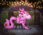 absurd_res anthro belly big_belly cmitchell flower fur garland hi_res long_ears long_tail mark_(disambiguation) mountain park pink_body pink_fur plant red_flower roks solo tail vore