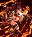  1girl 2632f absurdres arm_armor armlet armpits asymmetrical_clothes beacon_of_the_reed_sea_(genshin_impact) belt black_belt black_gloves black_hair blonde_hair boots breasts claw_ring criss-cross_halter crossed_bangs crossed_belts dark-skinned_female dark_skin dehya_(genshin_impact) elbow_gloves fingerless_gloves fire flaming_hand genshin_impact gloves gold_choker hair_between_eyes hair_ears hair_intakes halterneck hand_up highres holding holding_sword holding_weapon jewelry large_breasts long_hair looking_ahead midriff multicolored_hair multiple_thigh_straps navel pants single_bare_shoulder single_fingerless_glove solo stomach streaked_hair sword thigh_boots thigh_strap thighs toned toned_female torn_clothes torn_pants two-tone_hair very_long_hair weapon weapon_behind_back yellow_pupils 