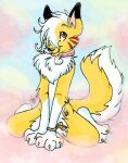 2006 abstract_background anthro black_nose blondefoxy brown_eyes brown_wristband canid canine claws collar collar_only collar_tag digital_media_(artwork) eyebrows feet female fluffy fluffy_chest footprint full-length_portrait fur handpaw head_tuft heart_collar_tag hindpaw hip_tattoo kneeling looking_up lucky_(blondefoxy) mammal mixed_media nude pawprint pawprint_tattoo paws pen_(artwork) pink_collar pink_inner_ear portrait smile snout solo tail tattoo traditional_media_(artwork) tuft white_body white_fur wristband yellow_body yellow_claws yellow_fur
