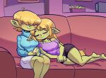 20pesos_sopa :&gt; bare_shoulders barefoot black_bottomwear black_clothing black_shorts blonde_hair blue_clothing blue_sweater blue_topwear blush bottomwear breasts clothing duo ears_down electronics feet female furniture goblin green_body green_skin hair hi_res hidden_eyes holding_object holding_phone humanoid humanoid_pointy_ears lara_(20pesos_sopa) lira_(20pesos_sopa) long_hair long_sleeves medium_breasts phone pivoted_ears plant pointy_ears short_hair shorts sibling_(lore) sister_(lore) sisters_(lore) sleeping sofa sweater television thick_thighs topwear turtleneck twins_(lore) white_bottomwear white_clothing white_shorts wide_hips