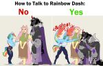 angry anthro anthrofied armor big_breasts black_body black_hair black_tail blush bottomwear breasts clothed clothing cross-popping_vein ear_piercing equid equine evehly eyes_closed fangs female fluttershy_(mlp) friendship_is_magic grin group hair hasbro hooves horn how_to_talk_to_short_people huge_breasts king_sombra_(mlp) larger_male leggings legwear long_hair male mammal meme midriff multicolored_hair multicolored_tail muscular muscular_anthro muscular_male my_little_pony mythological_creature mythological_equine mythology open_mouth pegasus piercing pink_hair pink_tail rainbow_dash_(mlp) rainbow_hair rainbow_tail scar sigh signature size_difference skirt smaller_female smile standing tail teeth text topwear trio unconvincing_armor unicorn unicorn_horn url wings yellow_body