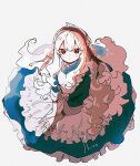  1girl apron blue_dress dress frilled_apron frilled_dress frills hair_ribbon hairband kagerou_project kozakura_marry long_hair looking_at_viewer pink_hairband pink_ribbon red_eyes ribbon shiro_(kuro_guu) sidelocks sitting solo very_long_hair wavy_hair white_hair 