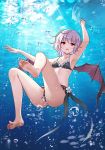  1girl barefoot bat_wings bikini bubble feet flan_(seeyouflan) flower flower_bikini highres lavender_hair looking_at_viewer purple_hair red_eyes remilia_scarlet scarlet_devil_mansion short_hair soles swimsuit touhou underwater wings 